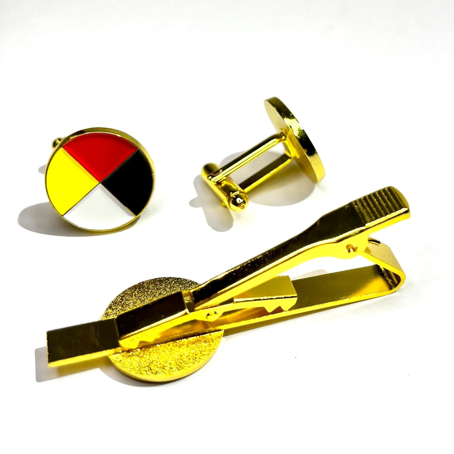 Medicine Wheel 18k Gold Plated Cufflink Set and Tie Clip - Nikikw Designs