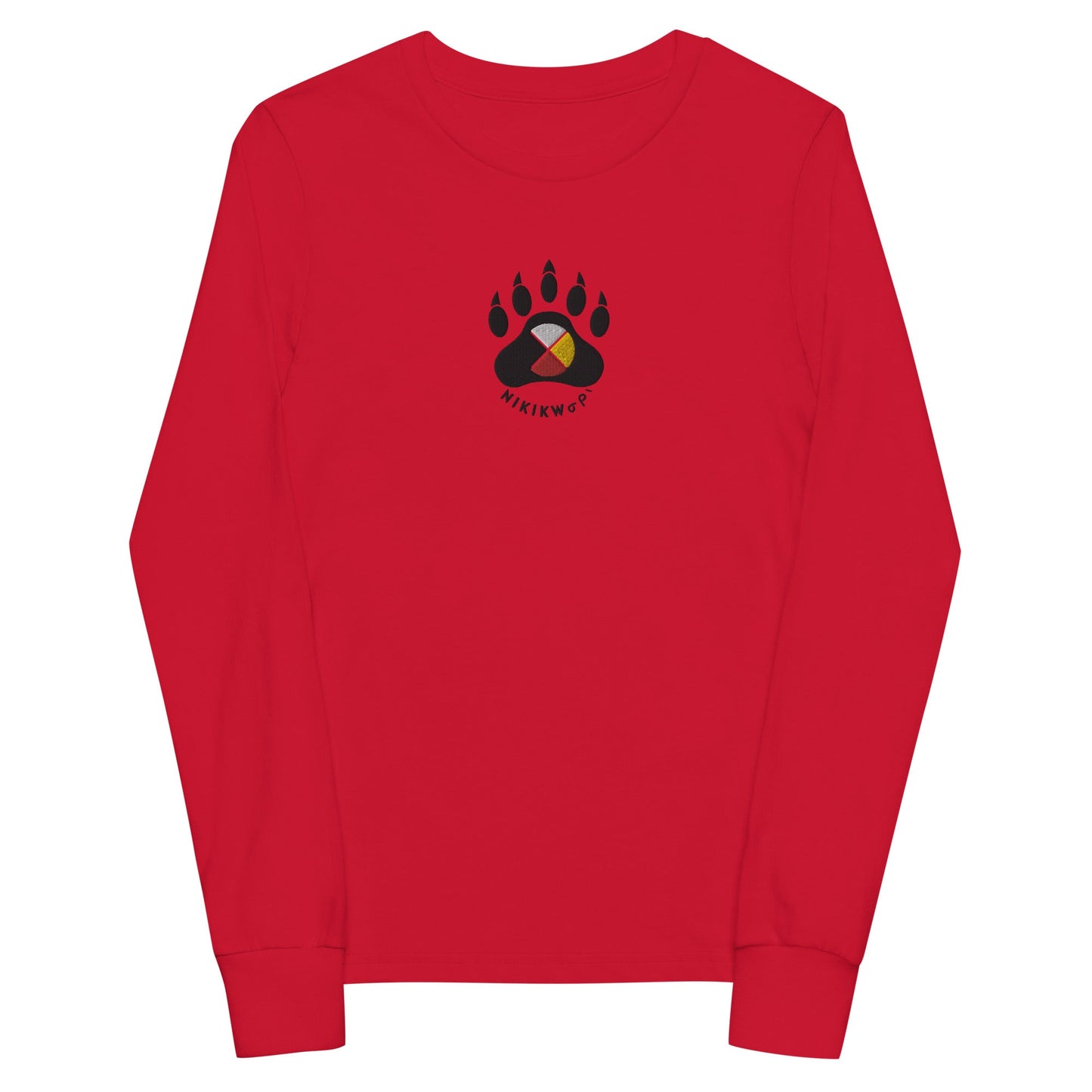 Medicine Wheel Bear Paw Embroidered Youth long sleeve tee Indigenous Native apparel - Nikikw Designs