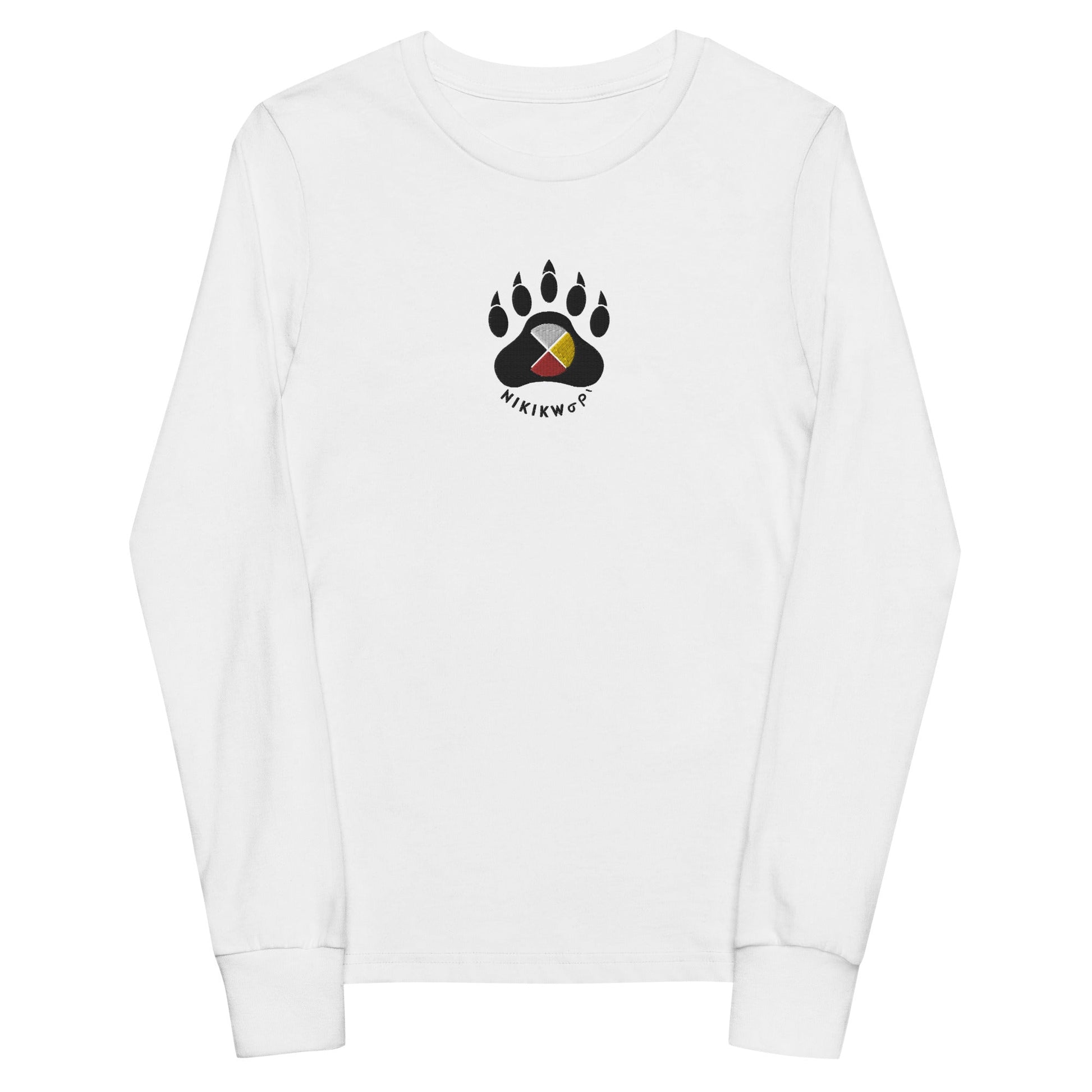 Medicine Wheel Bear Paw Embroidered Youth long sleeve tee Indigenous Native apparel - Nikikw Designs