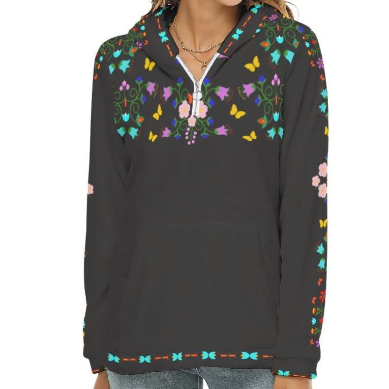 Native Floral Print Women's Borg Fleece Hoodie With Half Zip - Nikikw Designs