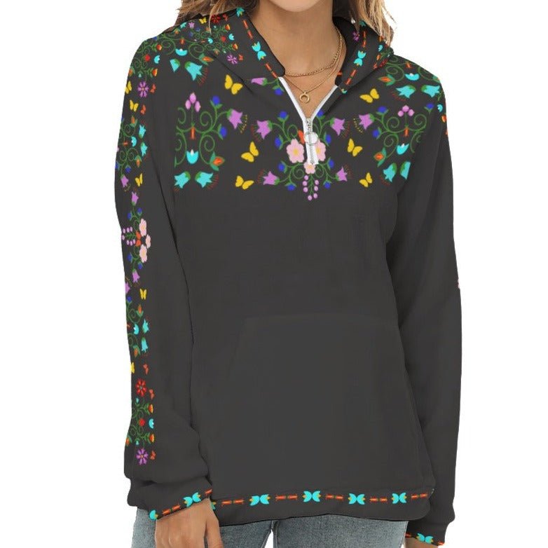 Native Floral Print Women's Borg Fleece Hoodie With Half Zip - Nikikw Designs