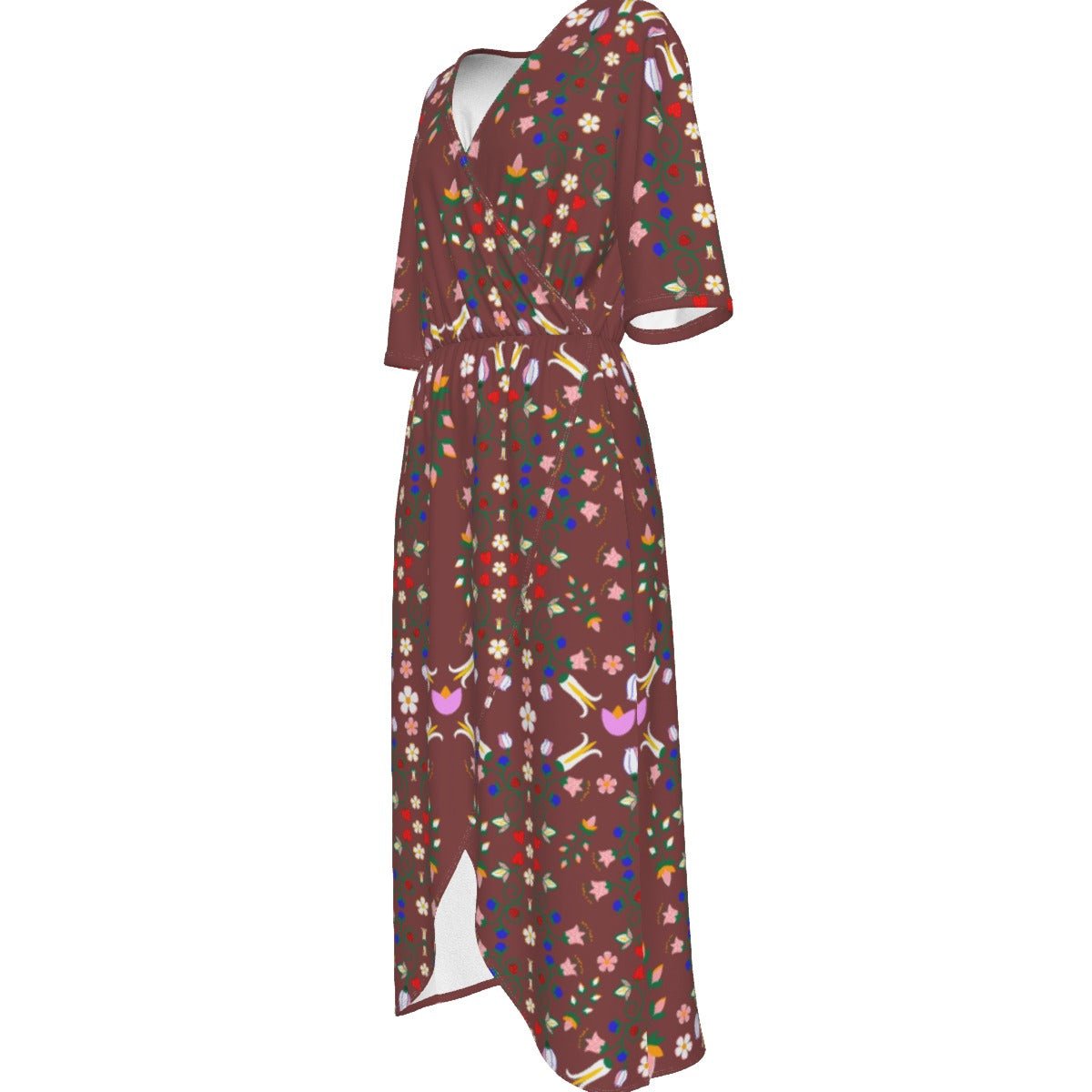 Native Floral Print Women's Short Sleeve V-neck Dress - Nikikw Designs