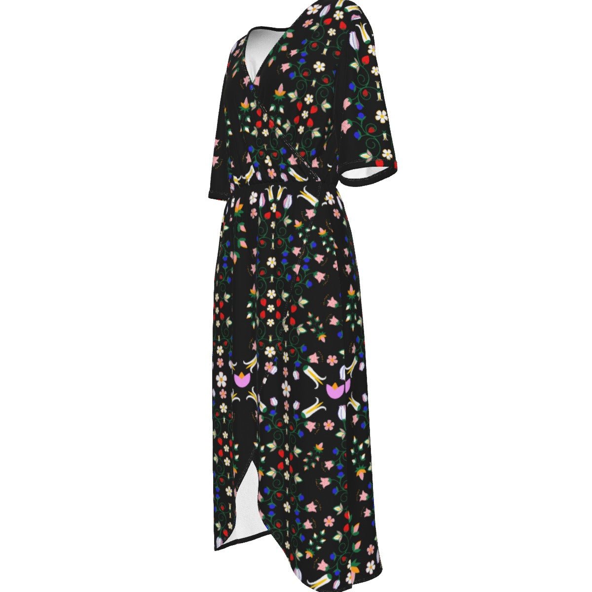 Native Floral Print Women's Short Sleeve V-neck Dress - Nikikw Designs