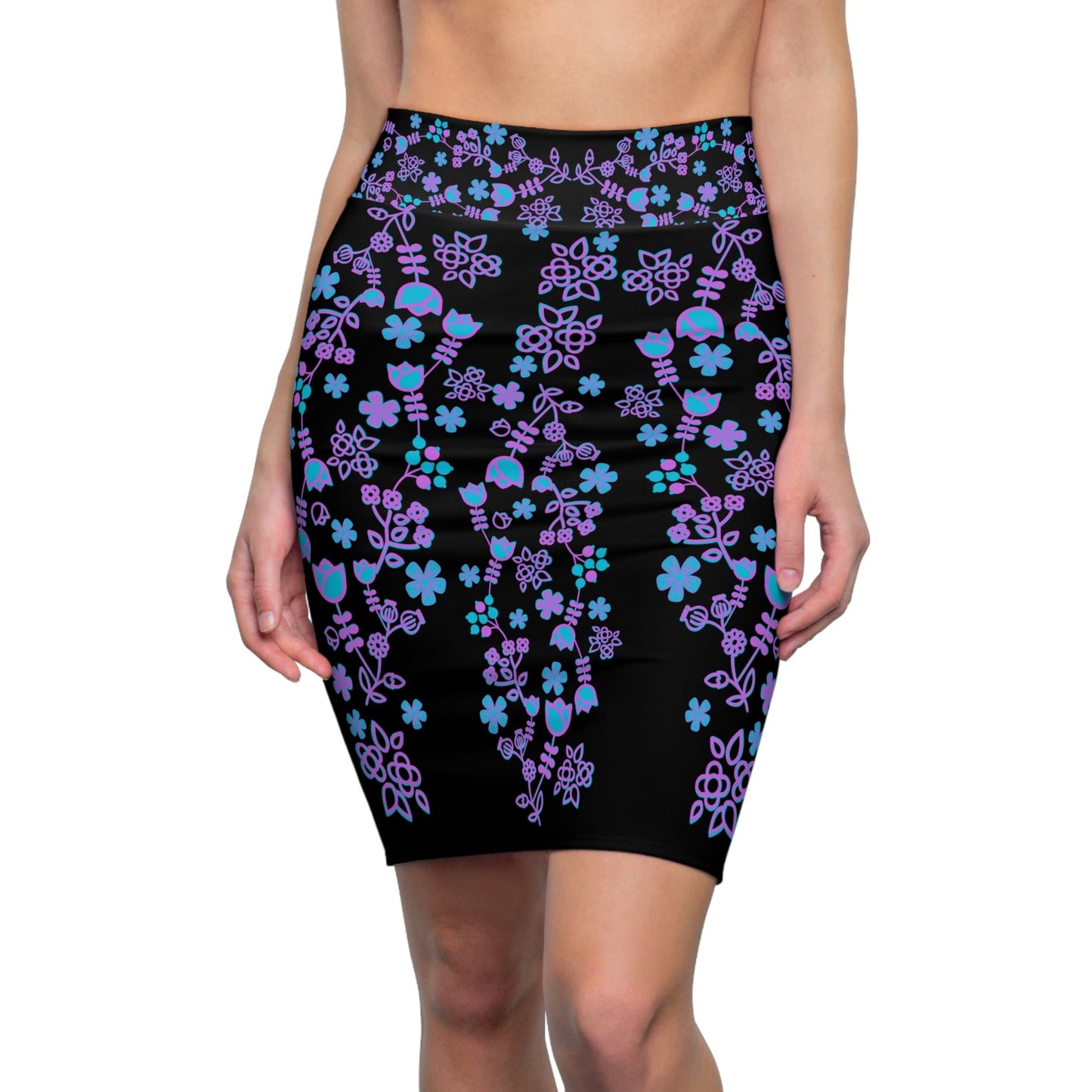 Native Floral Women's Black Pencil Skirt - Nikikw Designs