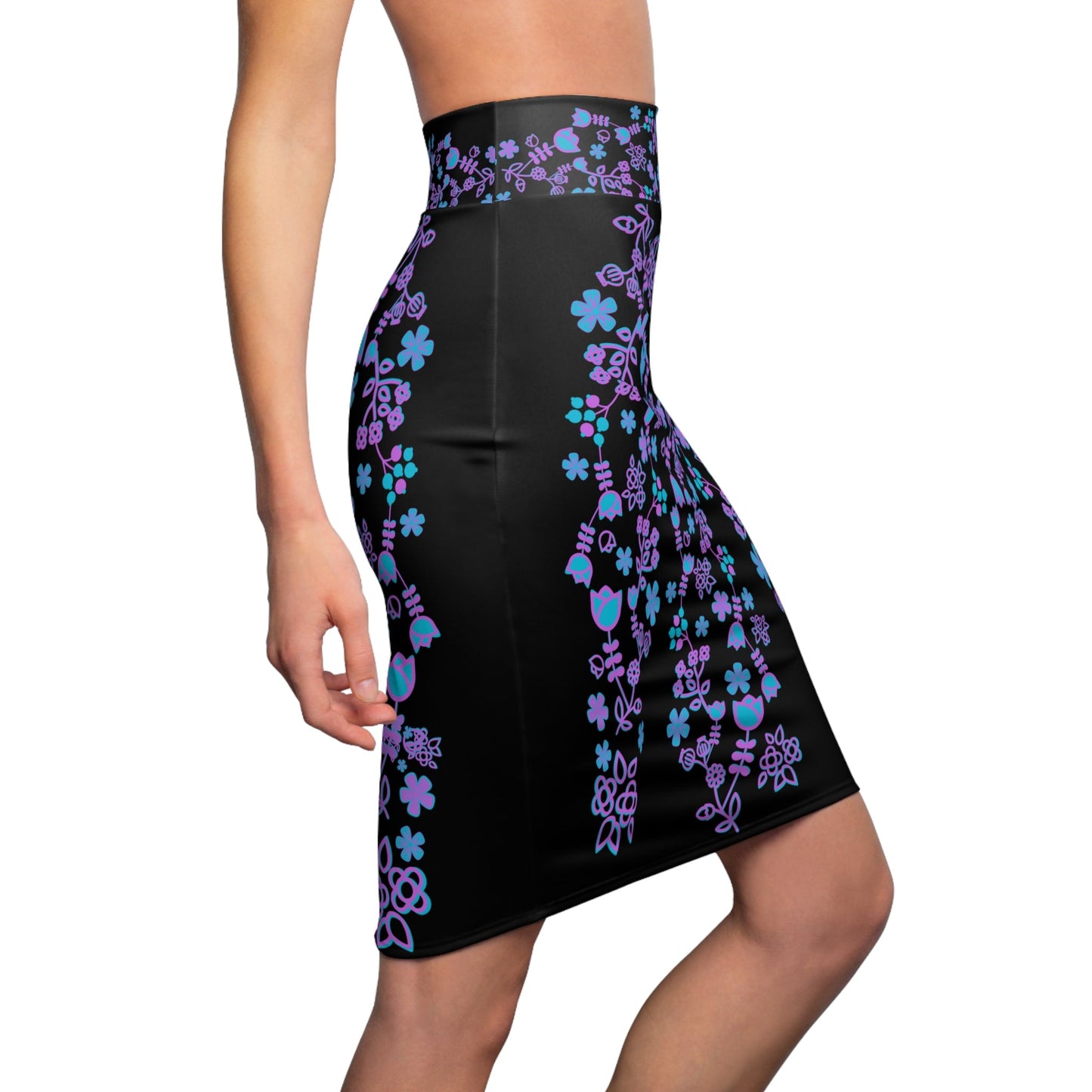 Native Floral Women's Black Pencil Skirt - Nikikw Designs