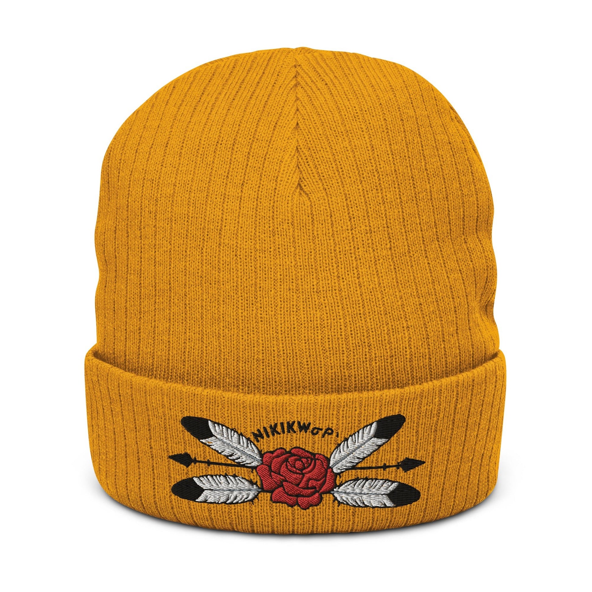 Native Rose Feather Ribbed knit beanie - Nikikw Designs