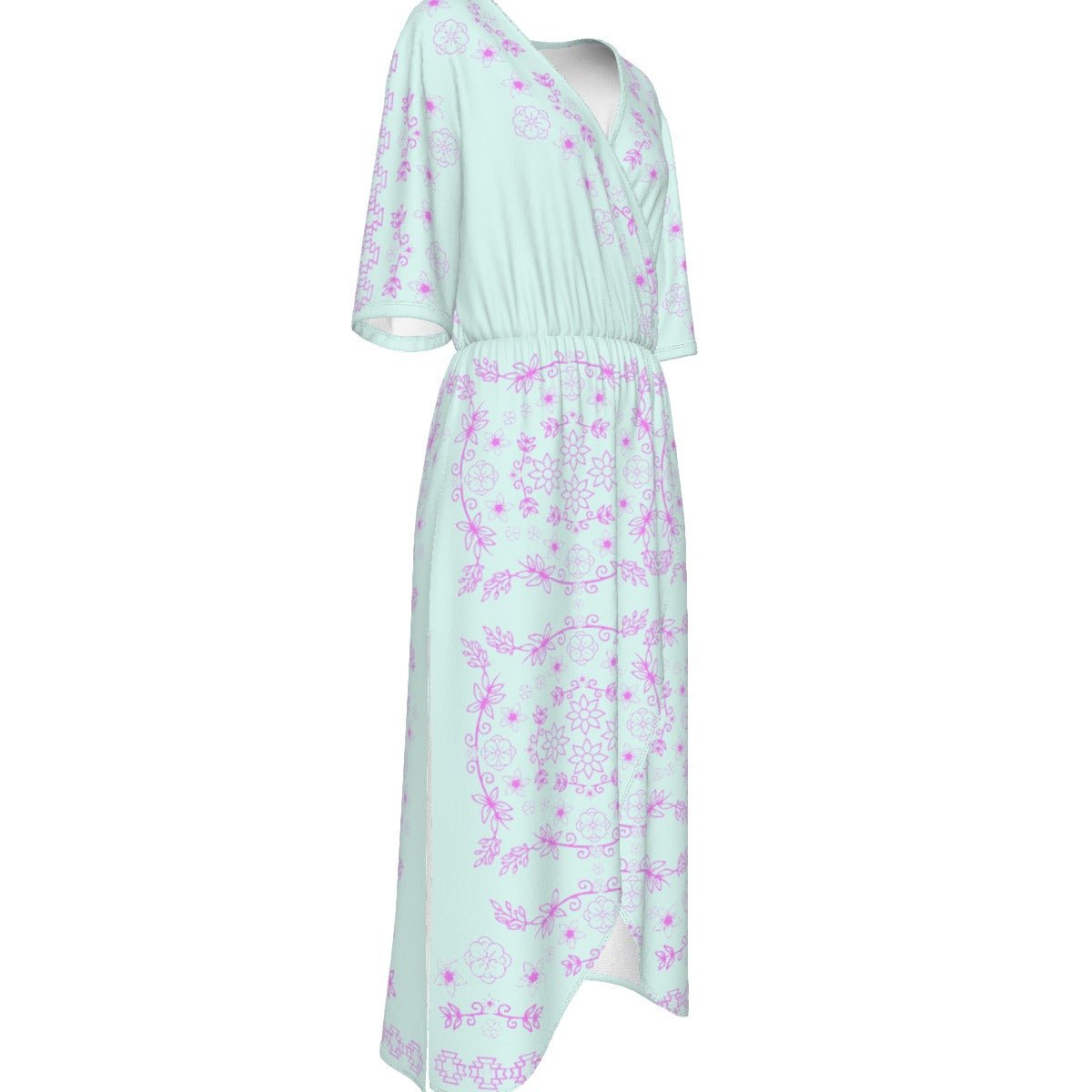 Native Woodland Floral Blue Blush Short Sleeve V-neck Dress - Nikikw Designs