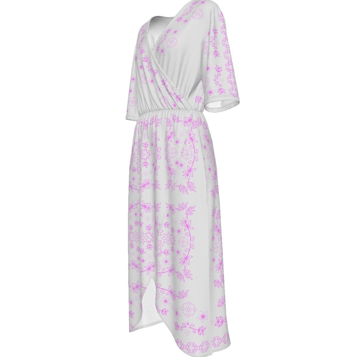 Native Woodland Floral Grey Sky Short Sleeve V-neck Dress - Nikikw Designs