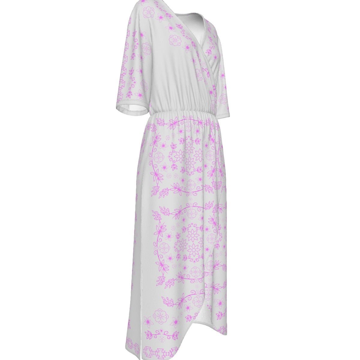 Native Woodland Floral Grey Sky Short Sleeve V-neck Dress - Nikikw Designs