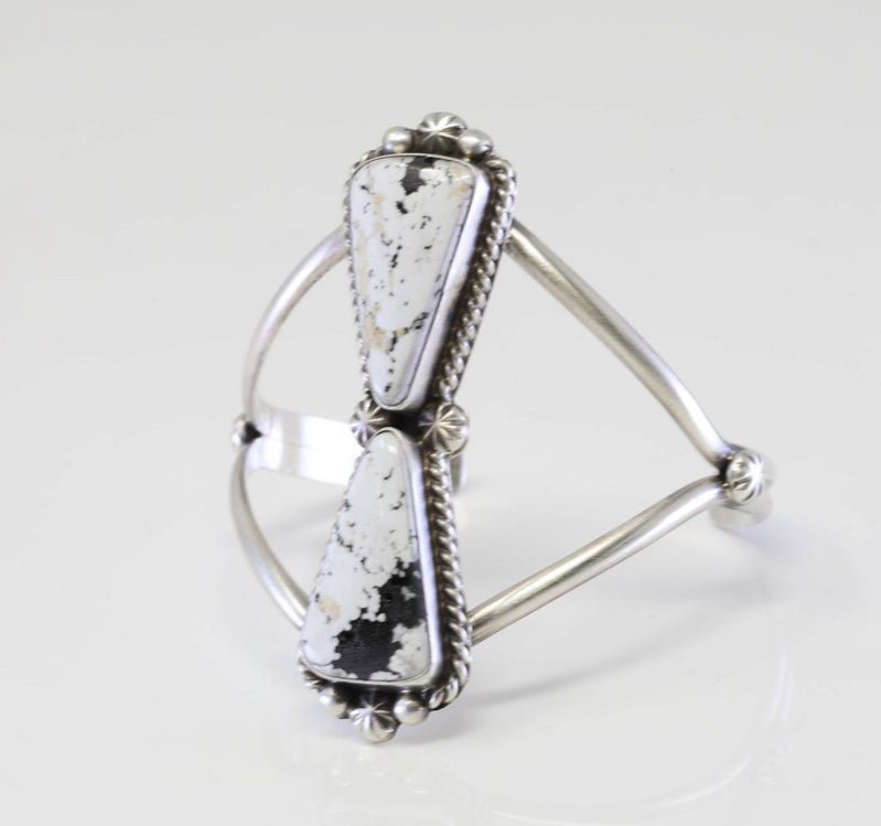 Navajo Sterling Silver White Buffalo Bracelet Cuff By Alfred Martinez - Nikikw Designs