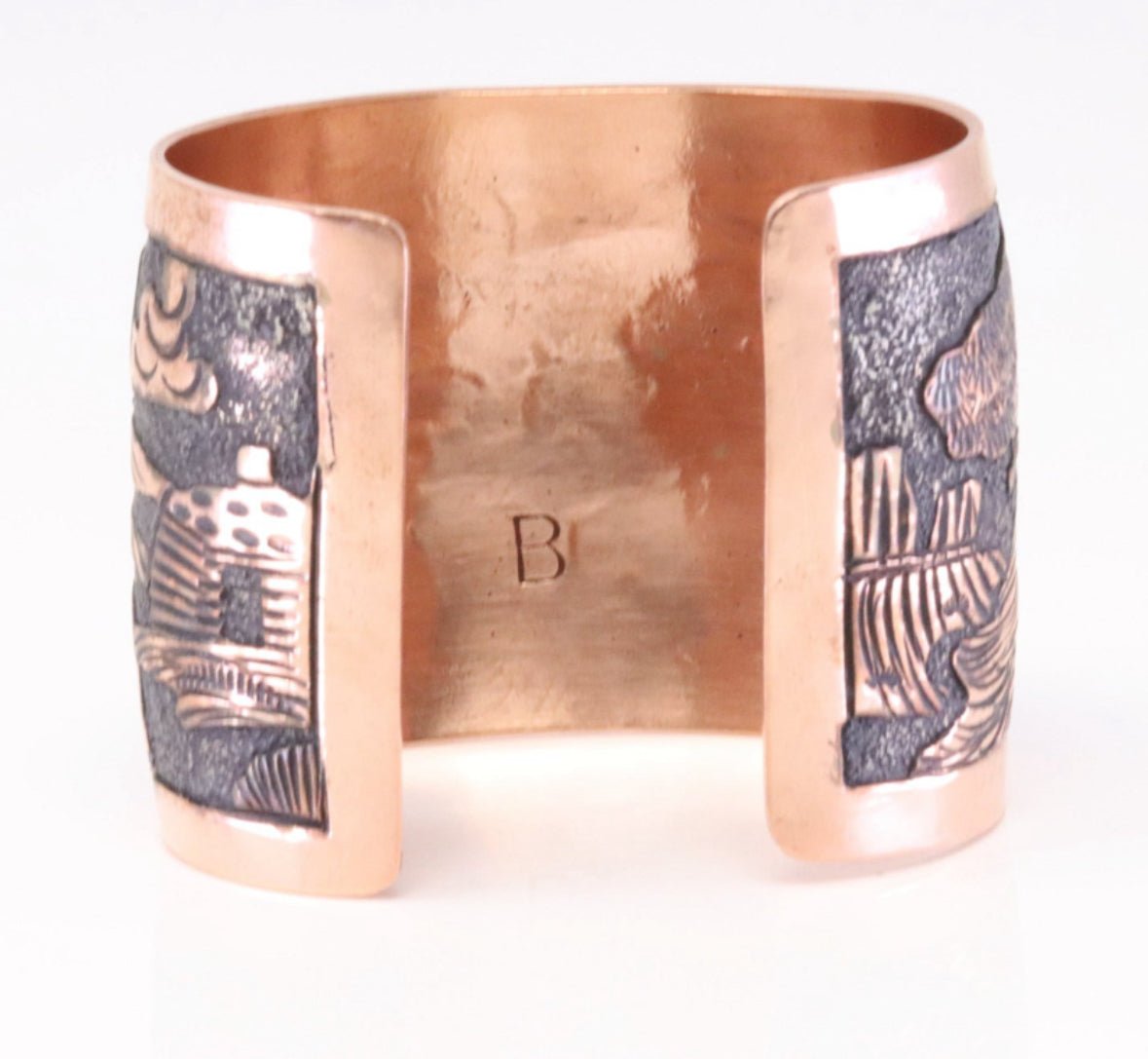 Navajo Story Teller Solid Copper Cuff bracelet 2” Stamped Elaine Becenti 1980’s , 7 inch - Nikikw Designs