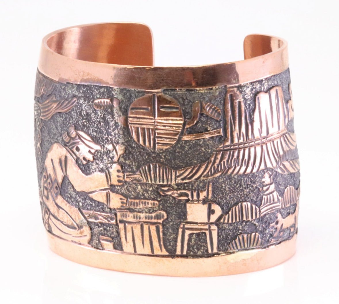 Navajo Story Teller Solid Copper Cuff bracelet 2” Stamped Elaine Becenti 1980’s , 7 inch - Nikikw Designs