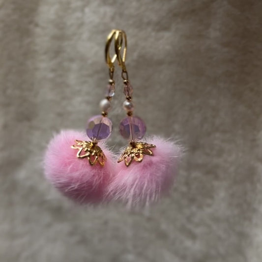 Mink Pom Pom Swarovski Crystal & Pearl Gold Plated Earrings