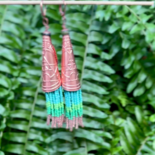 ANISHINAABE BIMISHIMO 
Copper wire with hand cut Turquoise & Jade Beads with Copper Jingle Earrings