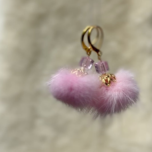 Mink Pom Pom Swarovski Gold Plated Earrings