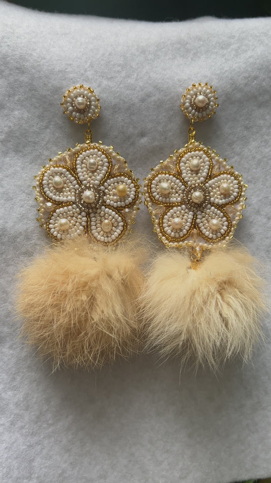 Native Beaded Floral Pearl Fur Earrings