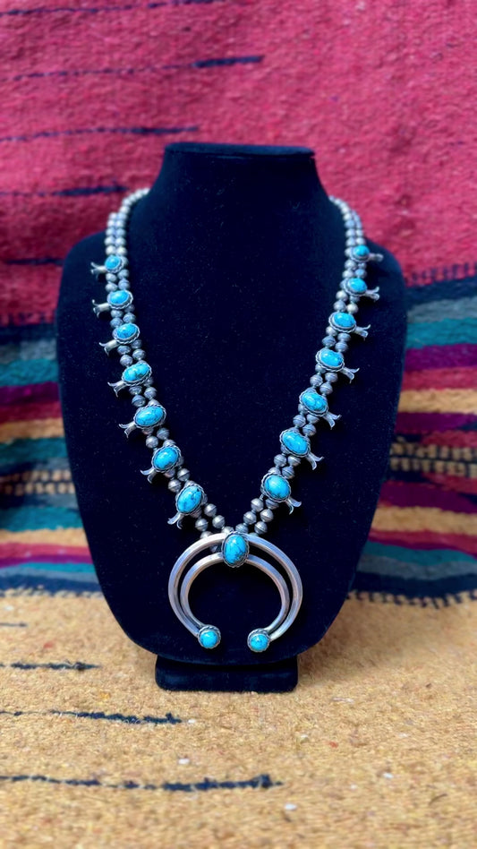 Vintage Navajo 17 Stone Turquoise Sterling Silver Squash blossom Necklace with two Chain