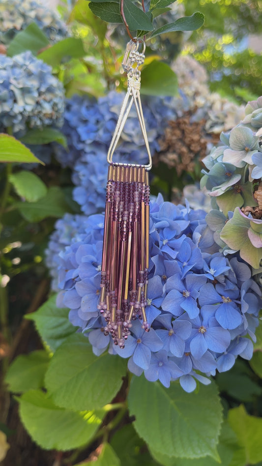 Native Beaded Dangle Earrings Purple Silver Lined