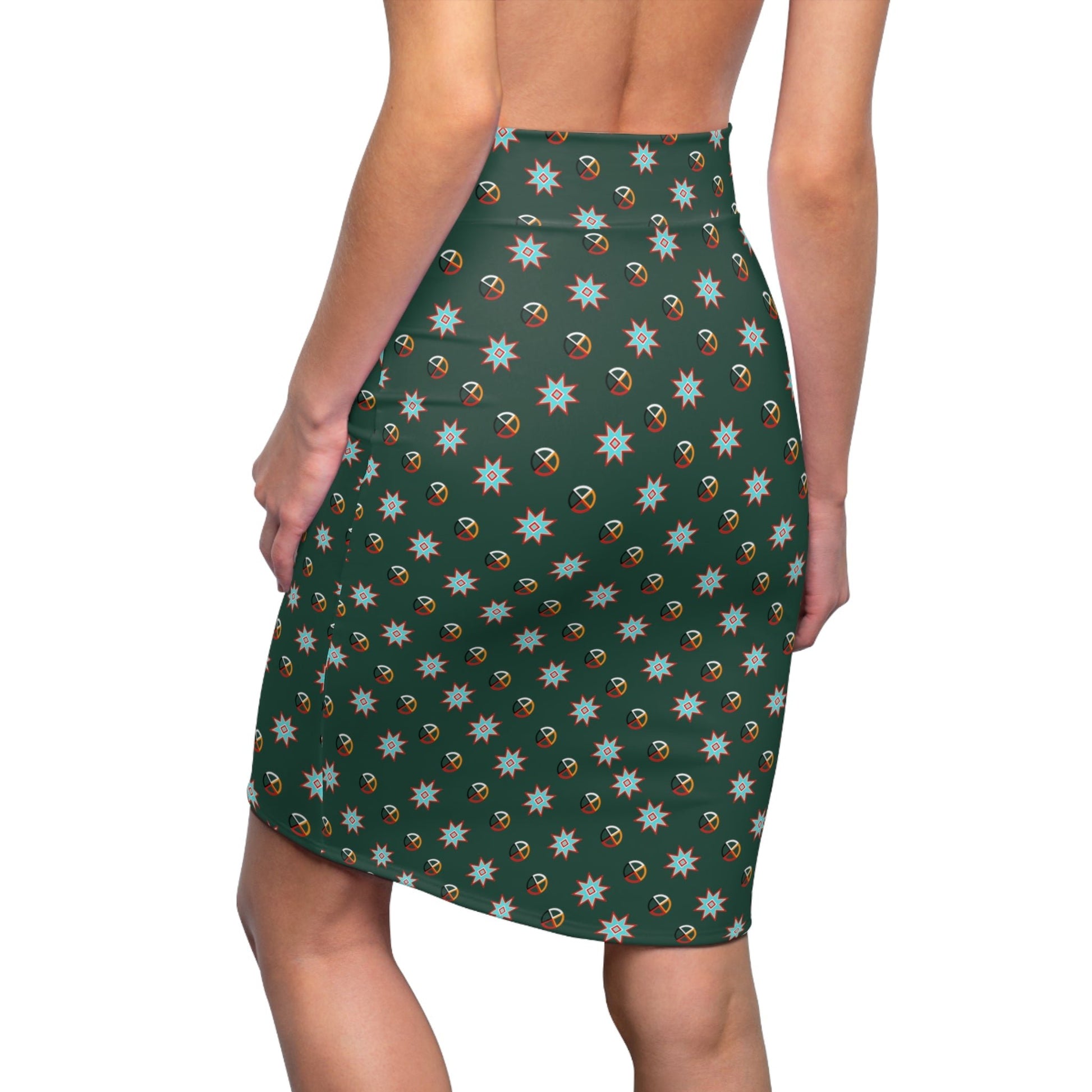 Star Medicine Wheel Native Women's Pencil Skirt Green - Nikikw Designs