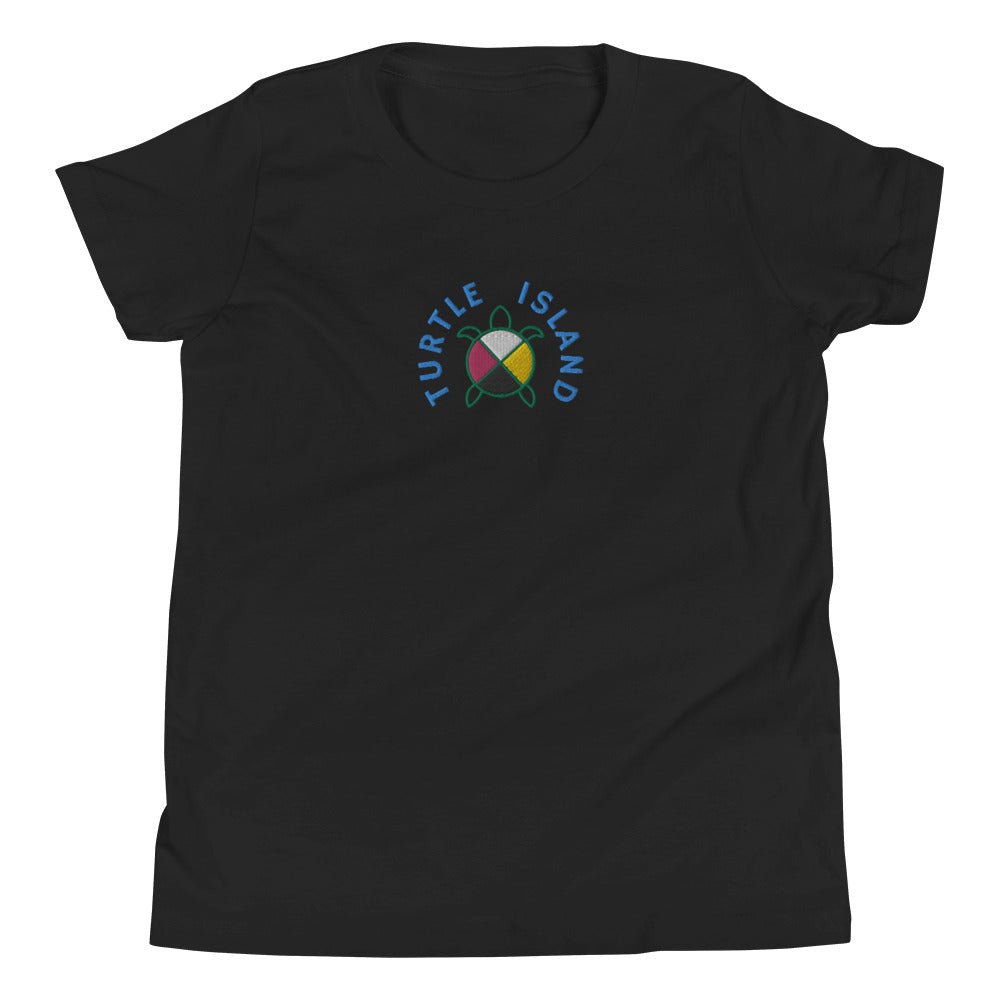 Turtle Island Native Embroidered Youth Short Sleeve T-Shirt - Nikikw Designs