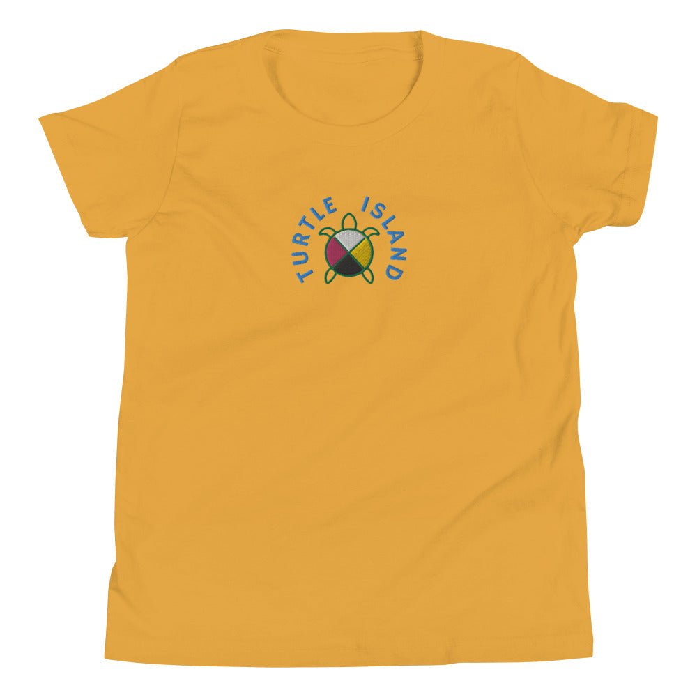 Turtle Island Native Embroidered Youth Short Sleeve T-Shirt - Nikikw Designs