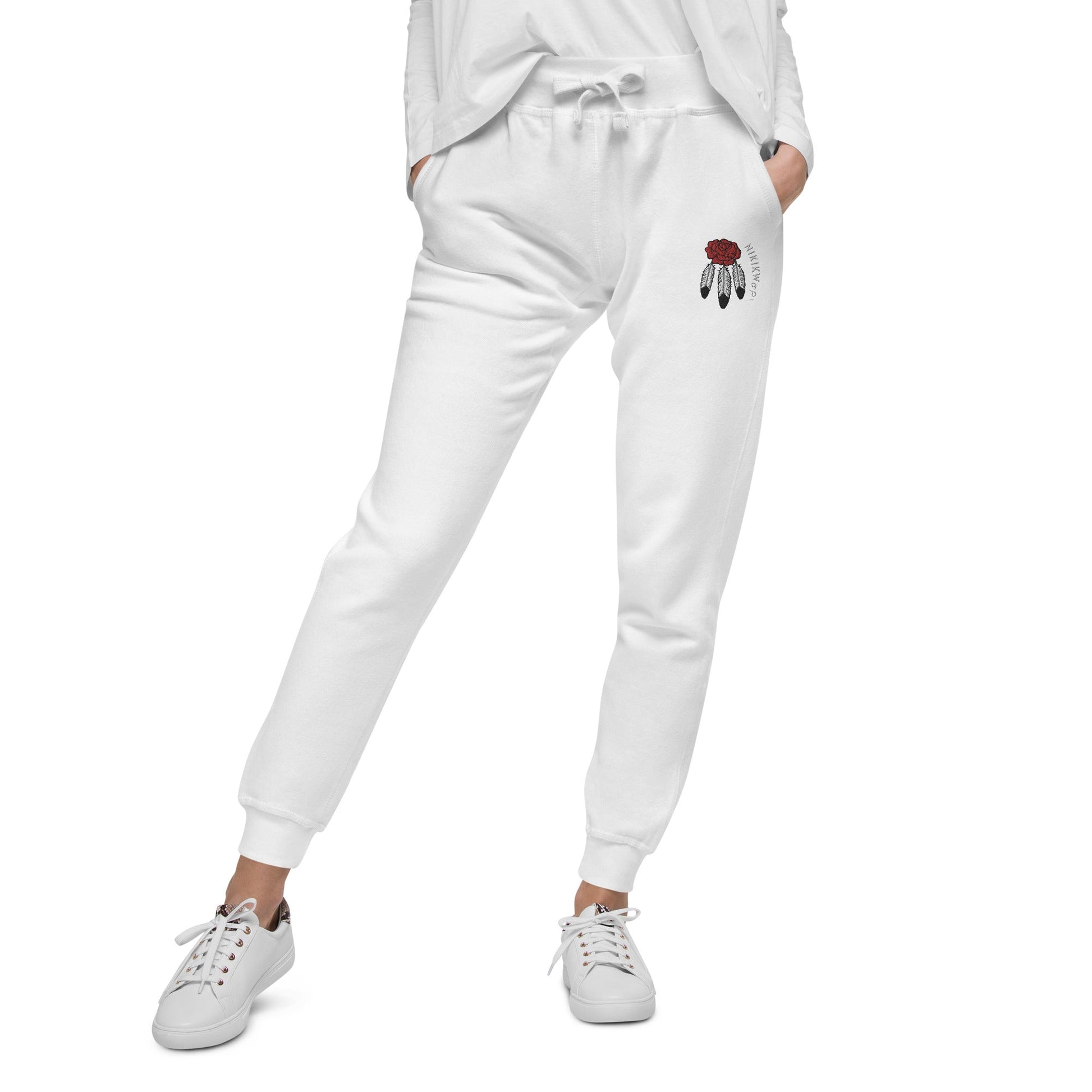 Unisex Rose Eagle Feather Embroidered fleece sweatpants - Nikikw Designs