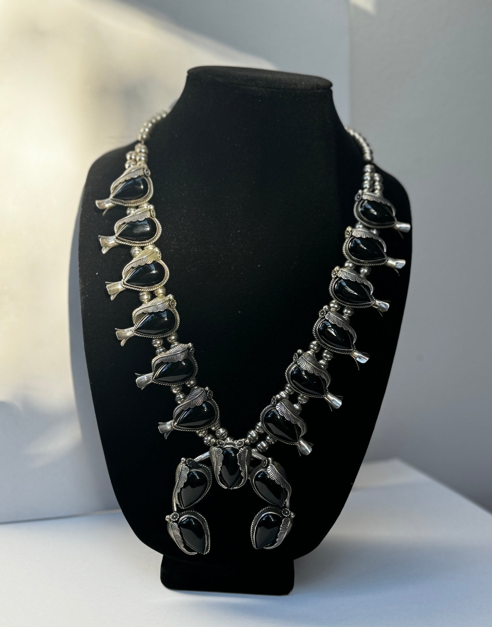 Vintage Heavy Black Obsadian Squash Blossom Necklace with 17 Stone sta Nikikw Designs