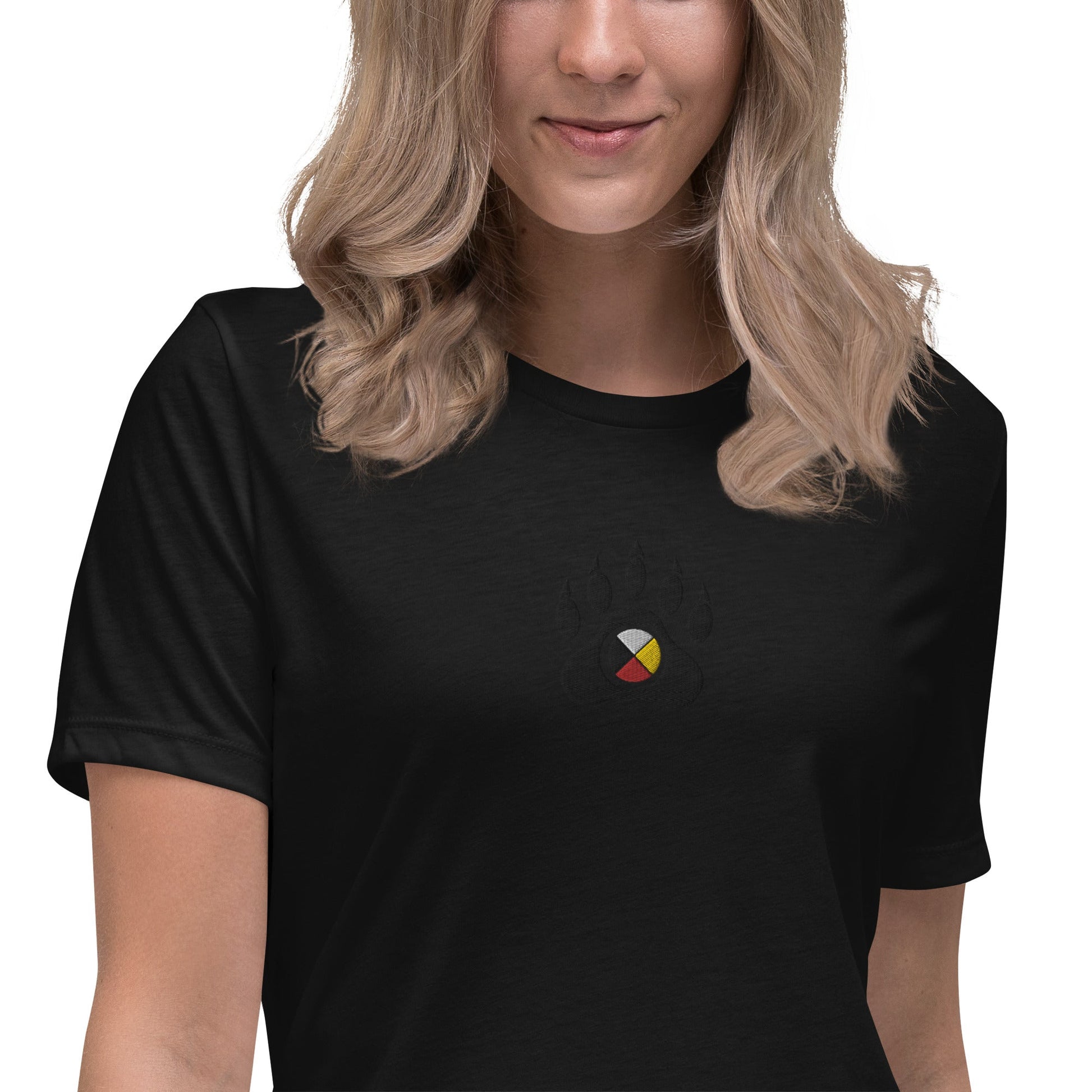 Women's Native Bear Embroidered Relaxed T-Shirt - Nikikw Designs