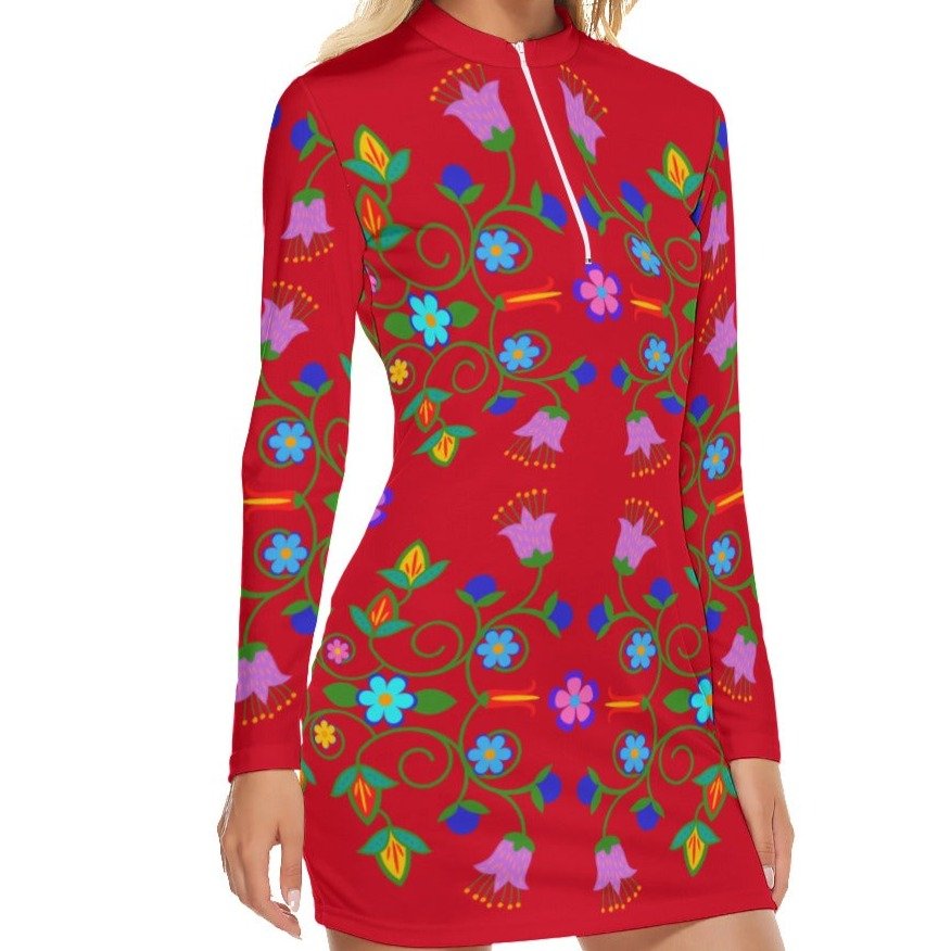 Women's Native Bold Floral Zipper Long Sleeve Mini Dress - Nikikw Designs