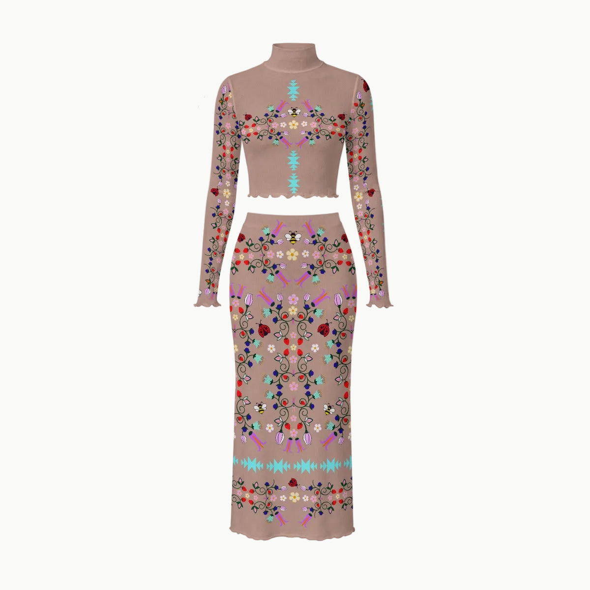 Native owned apparel Indigenous fashion  navy blue long-sleeve mock-neck dress with a cree woodland floral pattern, shown on a white background with four circular callout insets highlighting fabric, neck design, sleeve detail, and edge finish.