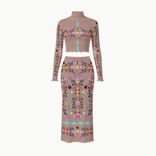 Native owned apparel Indigenous fashion  navy blue long-sleeve mock-neck dress with a cree woodland floral pattern, shown on a white background with four circular callout insets highlighting fabric, neck design, sleeve detail, and edge finish.