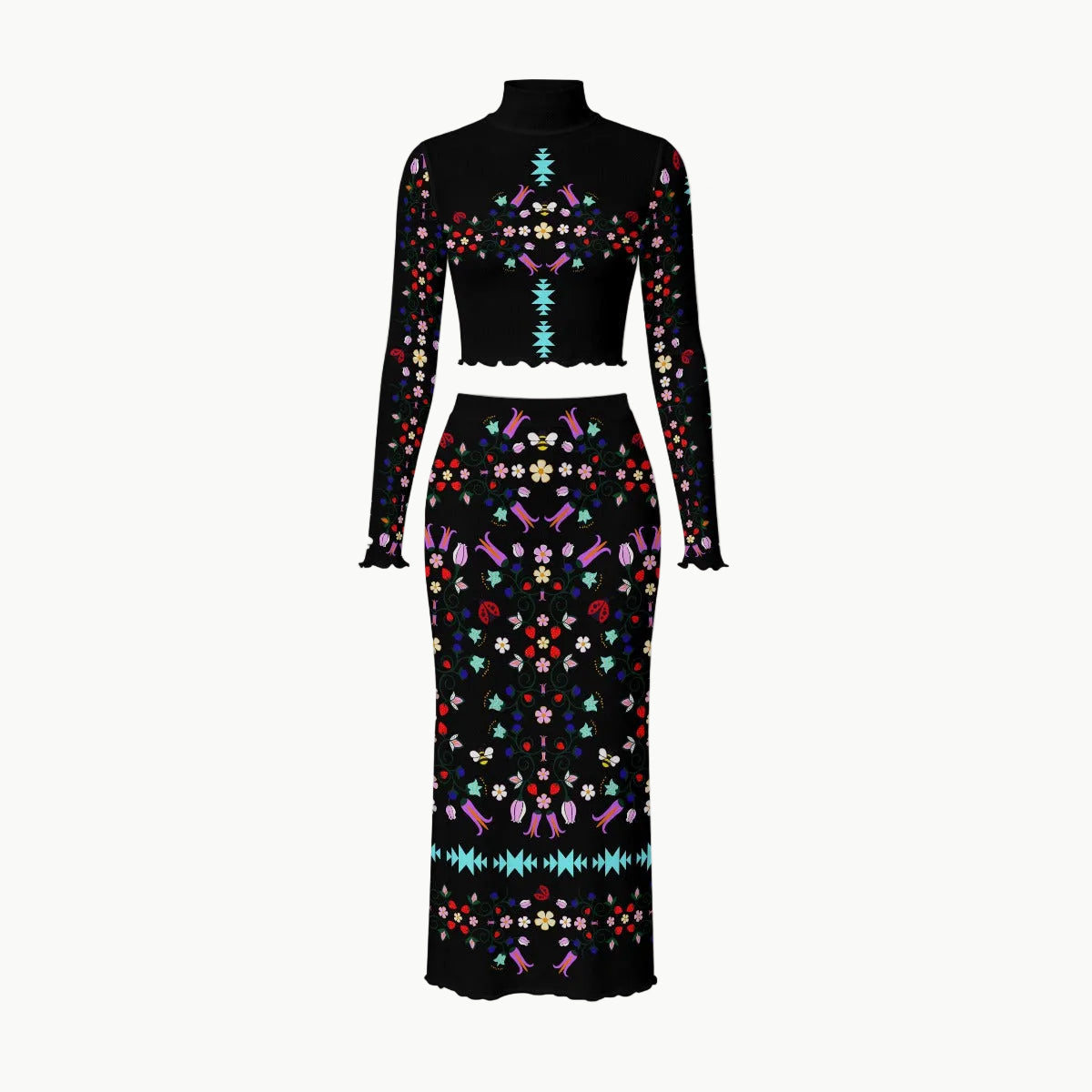 Native owned apparel Indigenous fashion  navy blue long-sleeve mock-neck dress with a cree woodland floral pattern, shown on a white background with four circular callout insets highlighting fabric, neck design, sleeve detail, and edge finish.