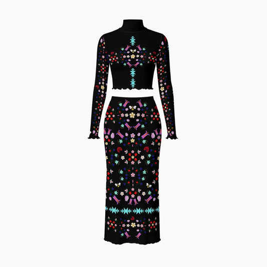 Native owned apparel Indigenous fashion  navy blue long-sleeve mock-neck dress with a cree woodland floral pattern, shown on a white background with four circular callout insets highlighting fabric, neck design, sleeve detail, and edge finish.
