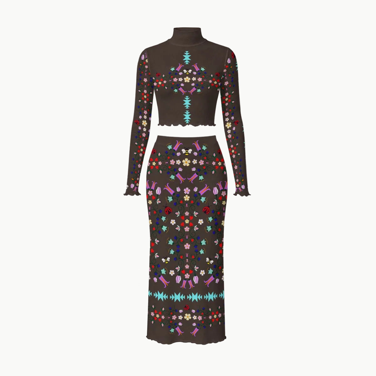 Native owned apparel Indigenous fashion  navy blue long-sleeve mock-neck dress with a cree woodland floral pattern, shown on a white background with four circular callout insets highlighting fabric, neck design, sleeve detail, and edge finish.