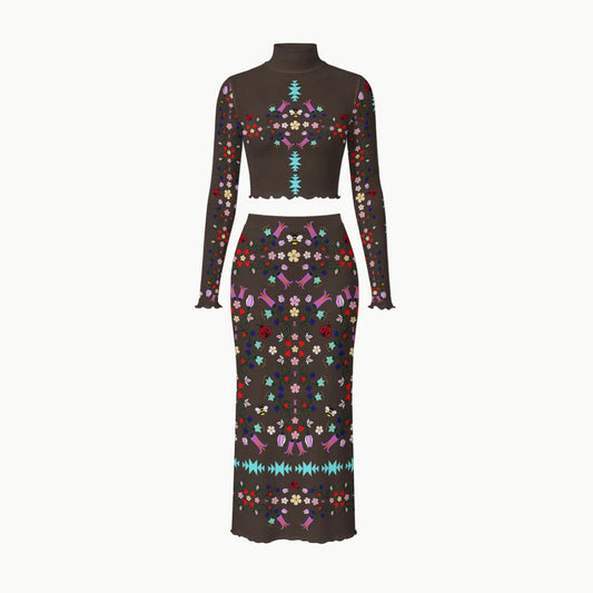 Native owned apparel Indigenous fashion  navy blue long-sleeve mock-neck dress with a cree woodland floral pattern, shown on a white background with four circular callout insets highlighting fabric, neck design, sleeve detail, and edge finish.