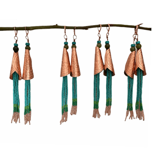 Copper wire with hand cut Turquoise & Jade Beads with Copper Jingle Earrings - Nikikw Designs