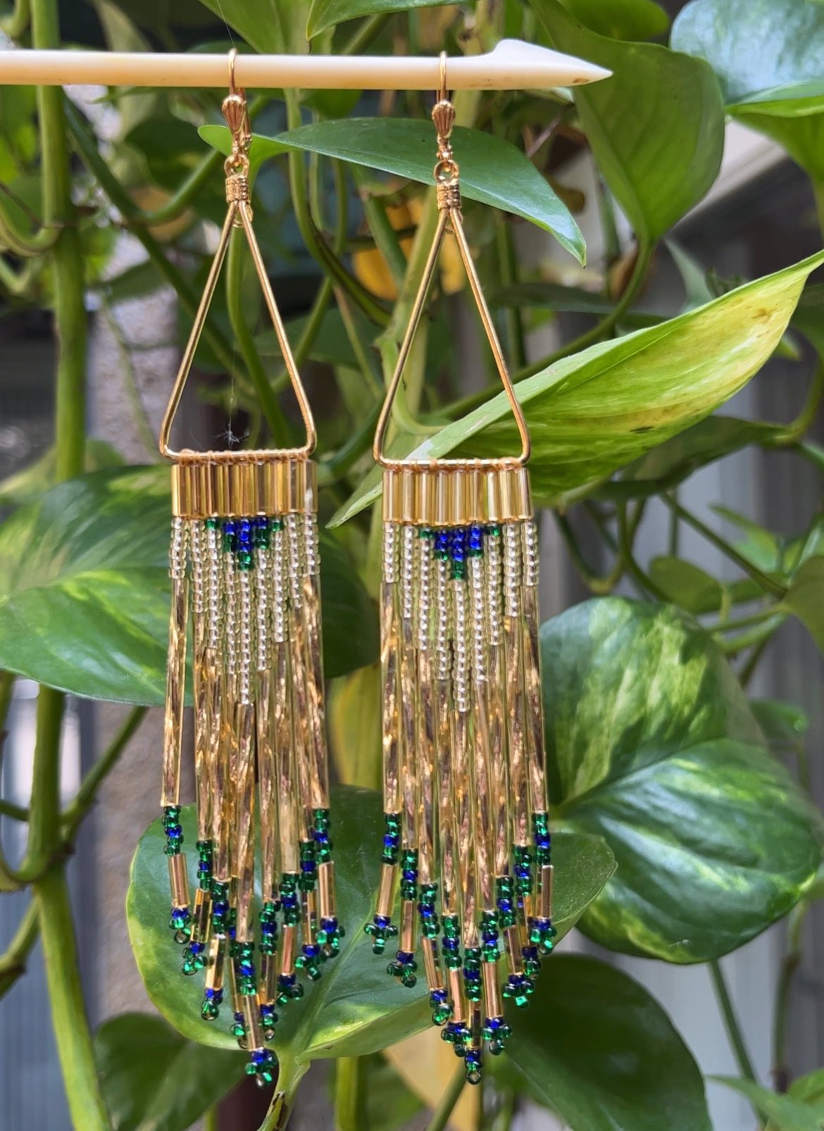 Gold Plated Dangle Earring W/ Dark emerald Green & sapphire Blue detail - Nikikw Designs