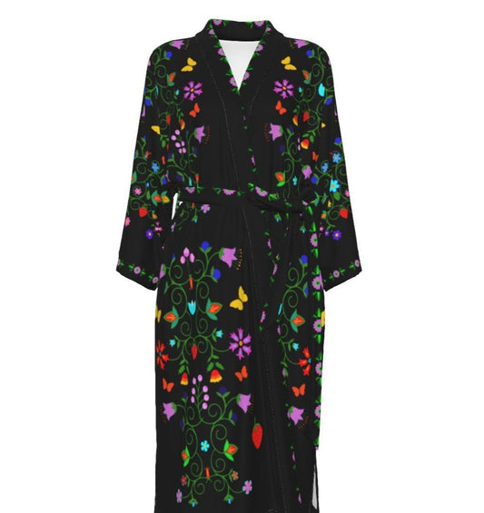 Indigenous Floral Satin Kimono Robe - Nikikw Designs