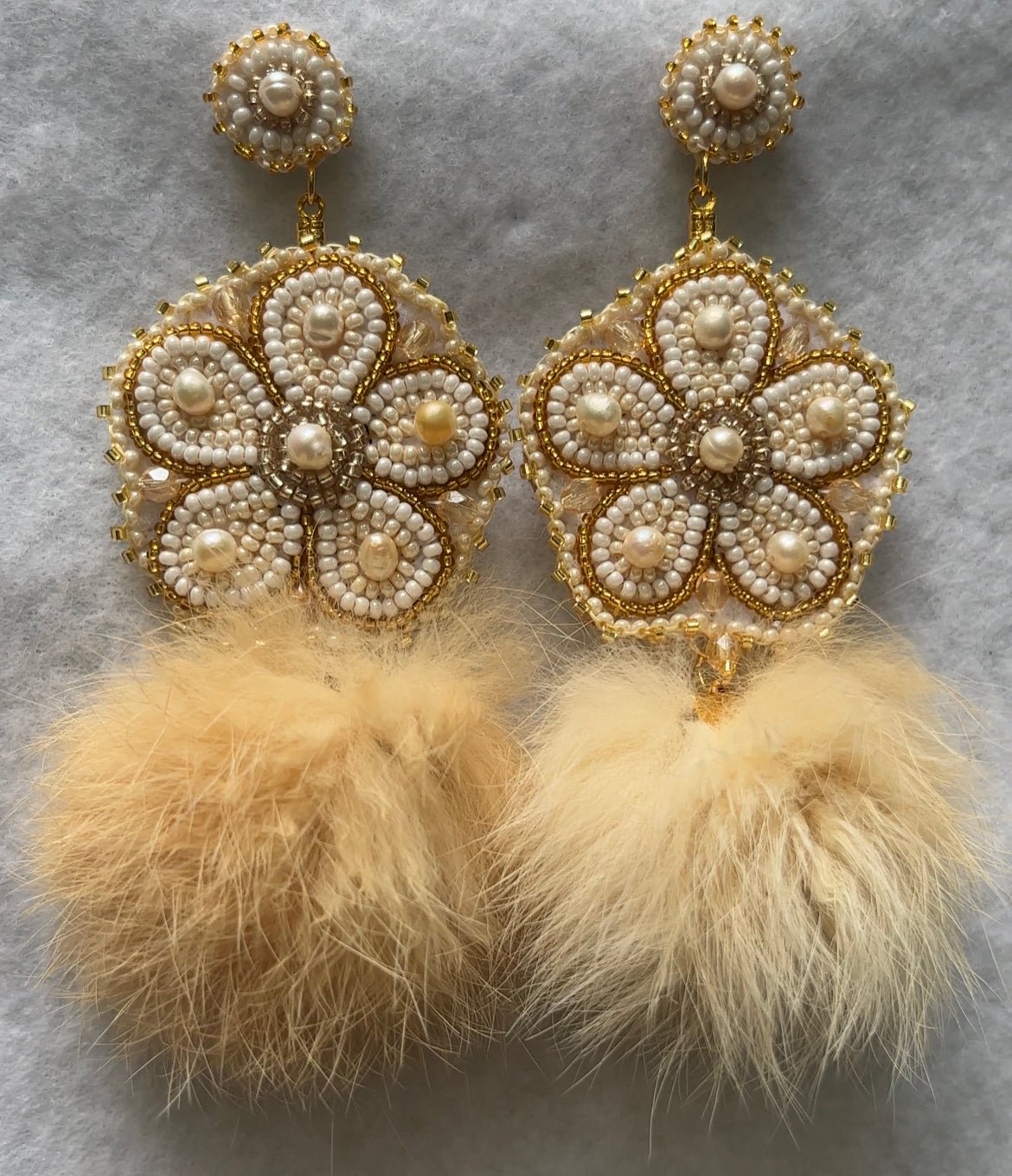 Native Beaded Floral Pearl Fur Earrings - Nikikw Designs