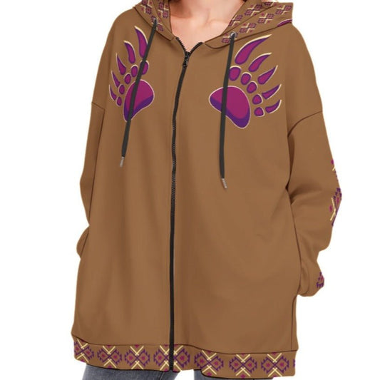 Native Bear Print Women's Long Hoodie With Zipper Closure - Nikikw Designs