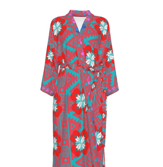 Native Feather Heart Floral Satin Kimono Robe - Nikikw Designs