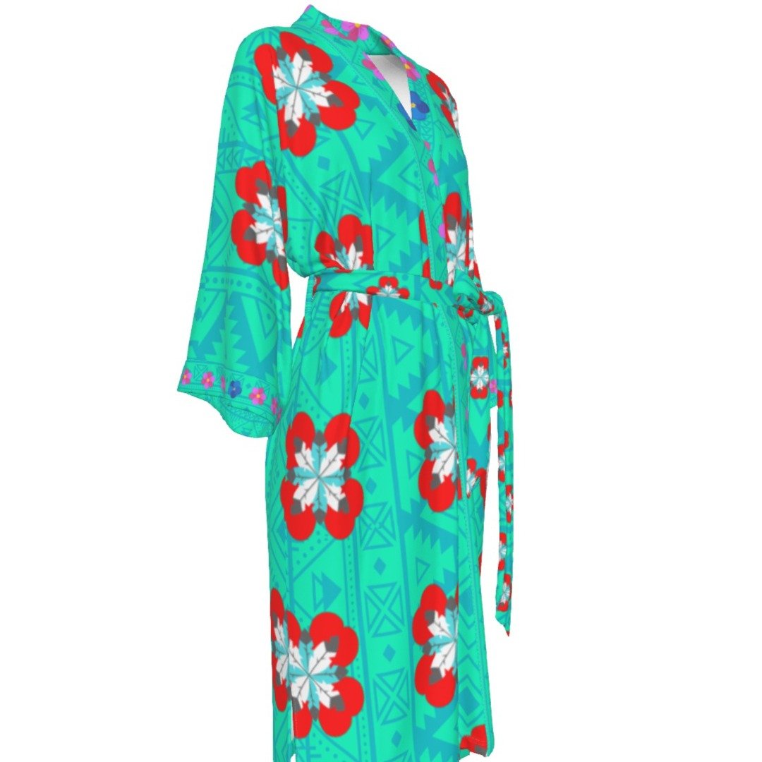Native Feather Heart Floral Satin Kimono Robe - Nikikw Designs