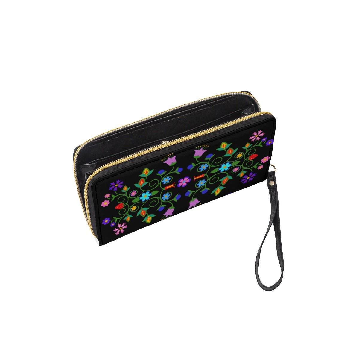 Native Floral Long Wallet With Black Hand Strap - Nikikw Designs