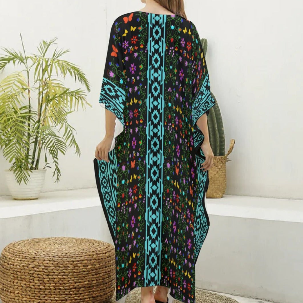 Native Floral Print Women's Imitation Silk Kaftan Robe+ - Nikikw Designs