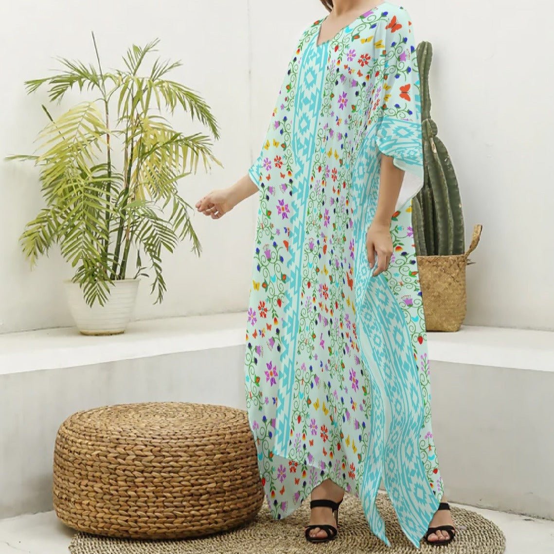 Native Floral Print Women's Imitation Silk Kaftan Robe - Nikikw Designs