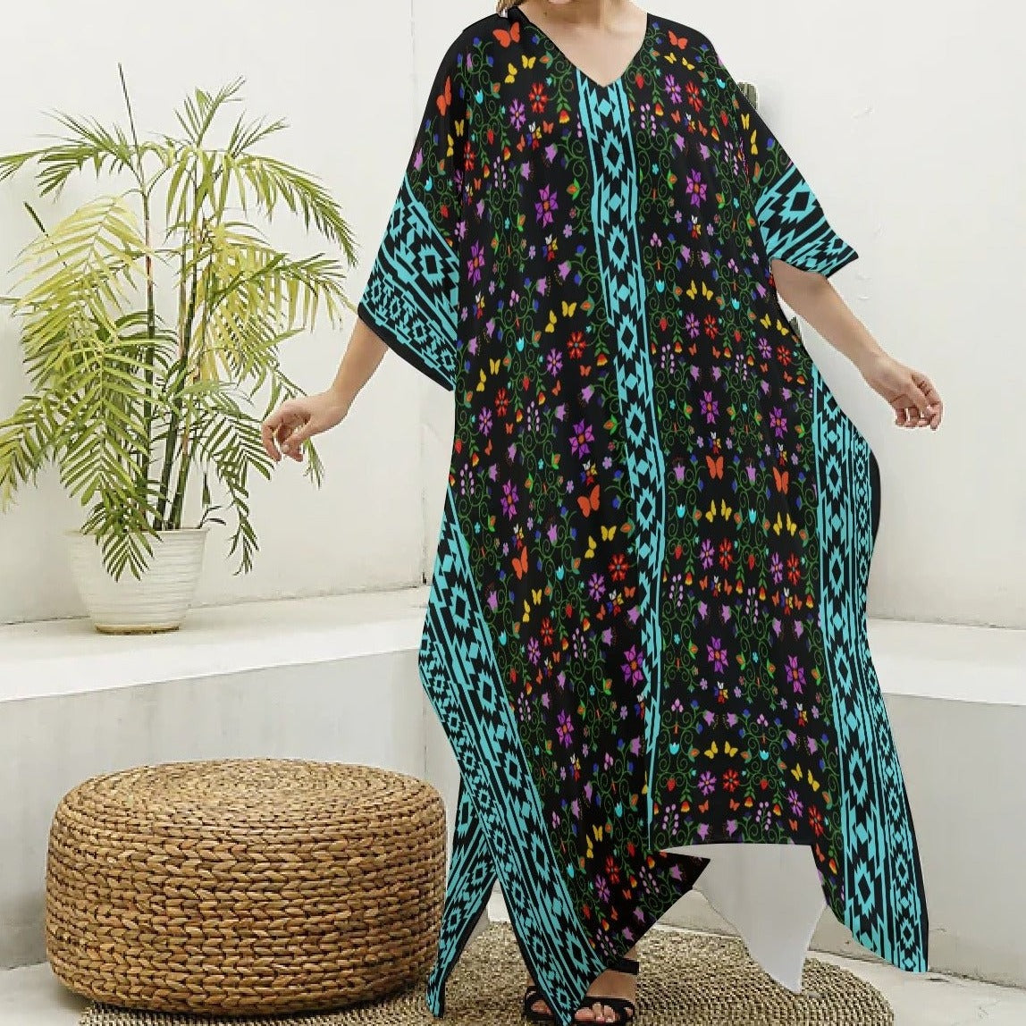 Native Floral Print Women's Imitation Silk Kaftan Robe+ - Nikikw Designs
