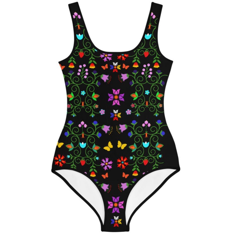 Native Floral Print Youth Black Swimsuit - Nikikw Designs