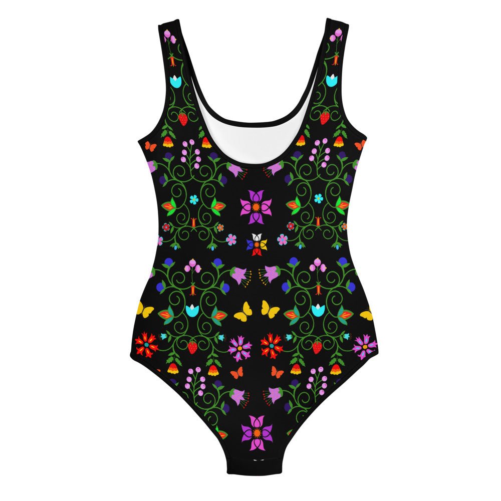 Native Floral Print Youth Black Swimsuit - Nikikw Designs