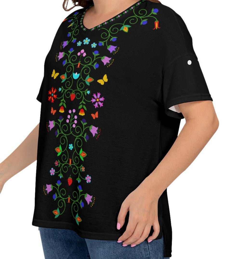 Native Floral Short Sleeve Women's T-shirt Plus Size Black Bear - Nikikw Designs