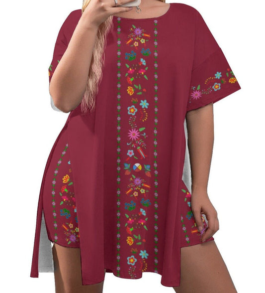 Native Floral Women's Side Split T-Shirt and Short Set Plus Size - Nikikw Designs
